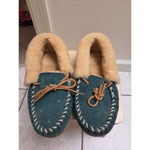 LL Bean Wicked Good Moccasins Teal Suede Shearling Slippers Womens 8 130484